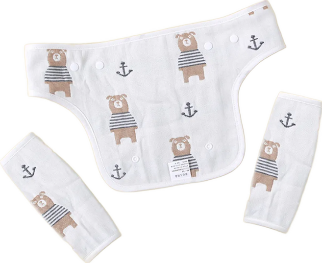 vanibaby 母嬰生活 六層紗背帶口水巾三件組, 小熊款 白色, 1組