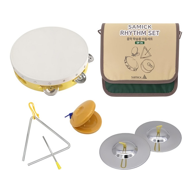 samick 三益樂器 音樂學習節奏樂器組 SR-2/G 鈴鼓 + 三角鐵 + 響板 + 鑼 + 收納盒, 1組, 黃色