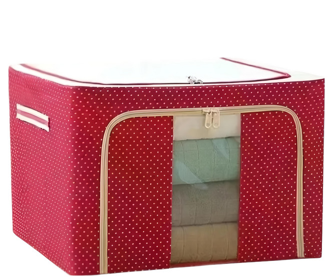 小麥購物 大容量防潑水牛津布雙門單視窗衣物鐵架收納箱 66L, 1個, 點 紅色 + 白色