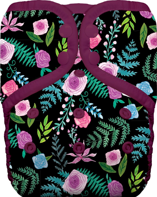 THIRSTIES成長型口袋式布尿布 一般款 壓扣 適合0-36個月的寶寶, Floribunda 黑色 + 紫色, 1件