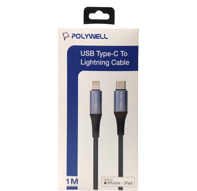 POLYWELL 寶利威爾 USB Type-C-Lightning PD快充傳輸線 PW15-W45-M151, 1m, 黑灰色, 1條