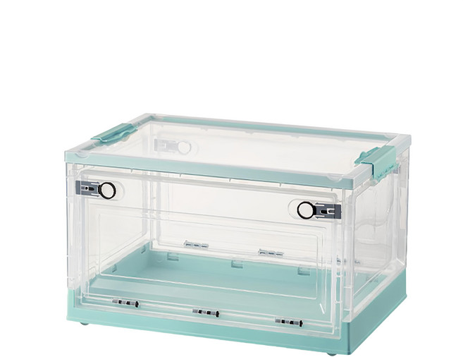 小麥購物 摺疊收納箱 帶滑輪 Y016 中 40L, 透明色 + 龍膽綠, 1個