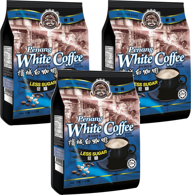COFFEE TREE 咖啡樹 金裝檳城三合一白咖啡 減糖9%風味, 40g, 15包, 3袋