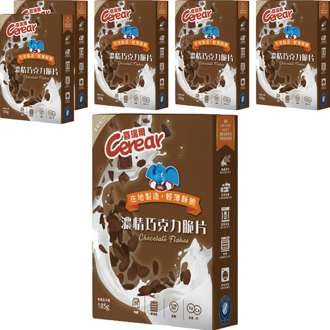 Cerear 喜瑞爾 濃情巧克力脆片 優質膳食纖維 非油炸 含鐵鈣 在地製造 輕薄酥脆, 185g, 6盒