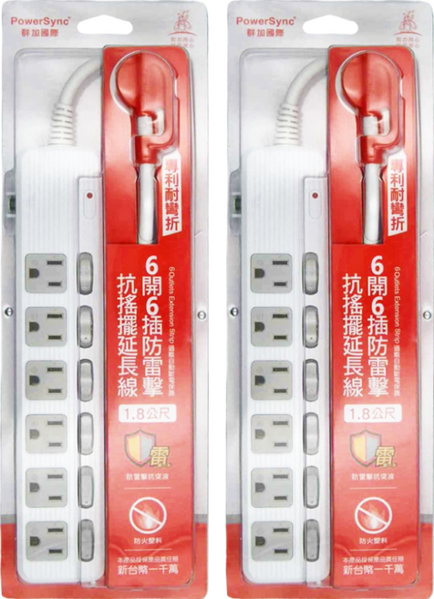 PowerSync 群加 6開6插防雷擊抗搖擺延長線 3孔 TPS366AN9018 25.9 x 5.3 x 2.4cm, 1.8m, 白色, 2條