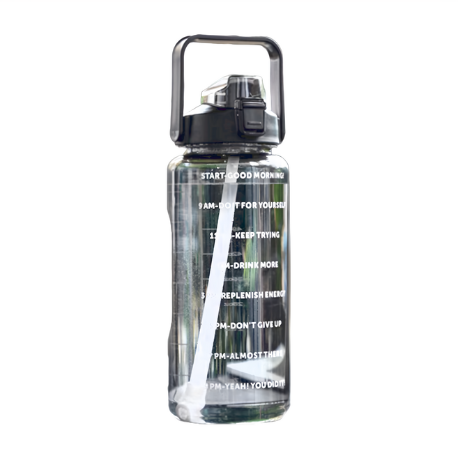 時間刻度水壺 附吸管, 商務黑, 2L, 1個