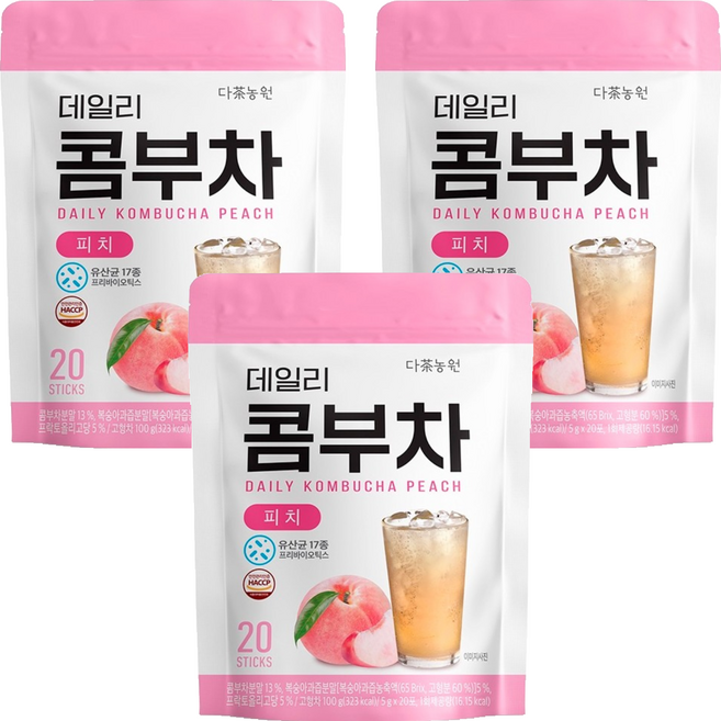 Danongwon 乳酸菌康普茶 水蜜桃口味 20包 每杯僅16卡路里 獨立包裝 方便攜帶 德國紅茶菌萃取 無酒精, 5g, 3袋