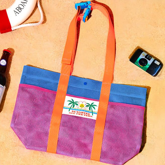 Wiggle Wiggle 繽紛撞色大容量多口袋鏤空網眼兩用包, 桃紅色