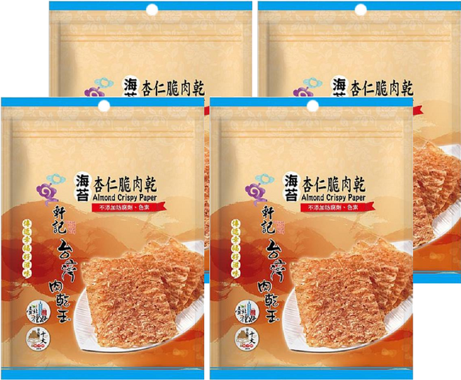 Taiwan dried meat king 軒記 台灣肉乾王 海苔杏仁脆豬肉乾, 100g, 4包