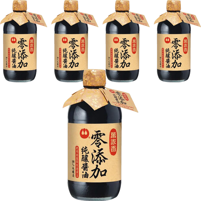 萬家香 零添加 純釀醬油 使用非基因改造黃豆 100%純天然釀造 450ml 玻璃瓶裝, 5瓶