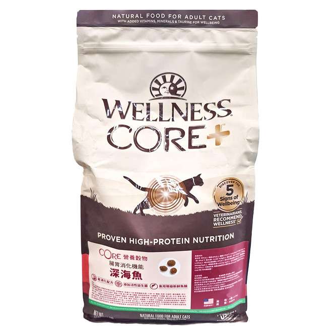 WELLNESS 寵物健康 室內貓 CORE 營養穀物 腸胃消化機能 乾飼料, 深海魚, 5lb, 1袋