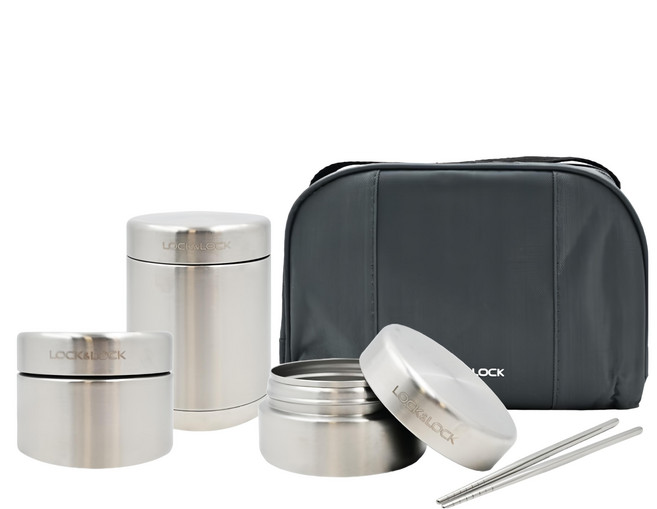 LocknLock 樂扣樂扣 不鏽鋼保溫便當盒組, 銀色 + 黑色, 1組