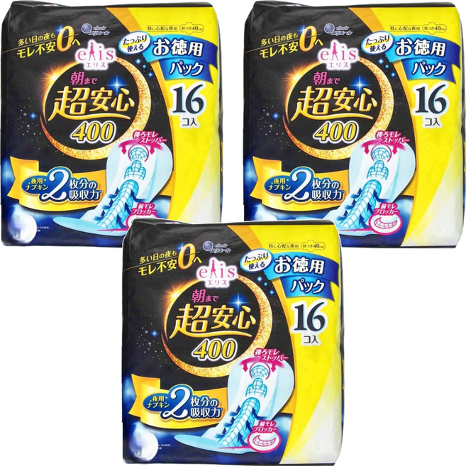 elleair 艾黎艾爾 elis 愛麗思 超安心衛生棉 夜用, 40cm, 16片, 3包