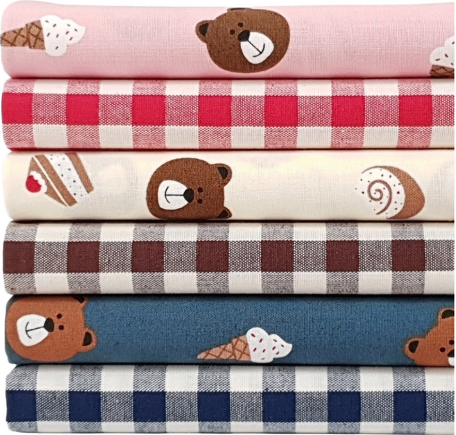 Shueshueroom 印花棉質布料 6入組, 小熊款 + 格紋款, 1組