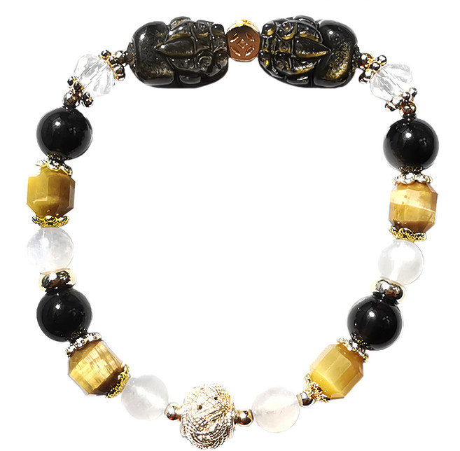 財神小舖 金曜水晶手鍊 金曜石 月光石 黃金虎眼石 電鍍14K金隔片