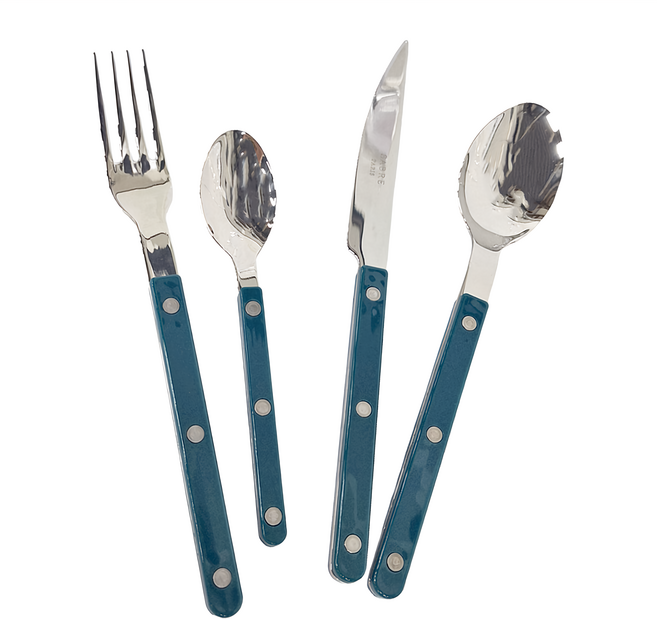 SABRE PARIS 鈕扣亮面系列 餐具4件組, 湖水藍, 主餐匙 22cm + 主餐叉 22cm + 主餐刀24cm + 茶匙16cm, 1組