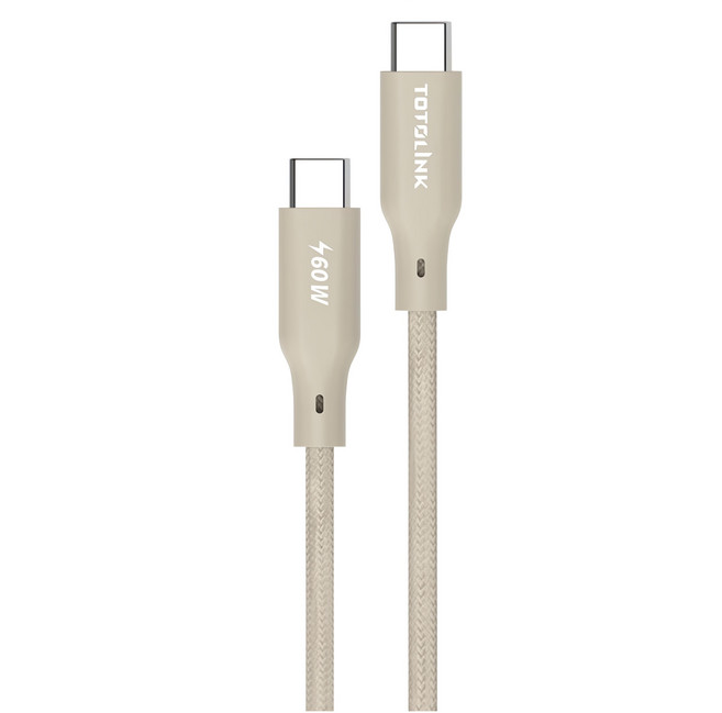 TOTOLINK USB-C to USB-C 強韌快充傳輸編織線 60W 2M, 柔霧奶, 1條
