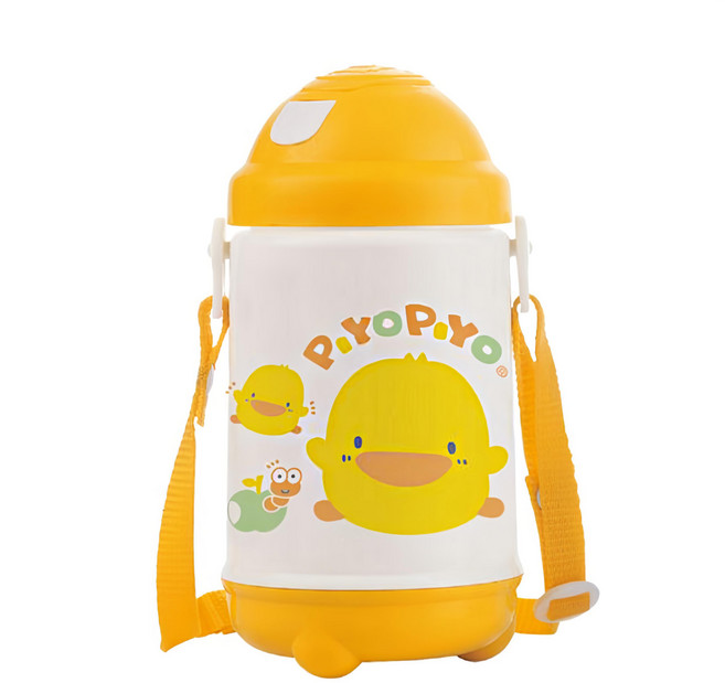 PiYOPiYO 黃色小鴨 彈跳保溫保冷水壺 420ml 可調式揹帶, 黃色, 1個