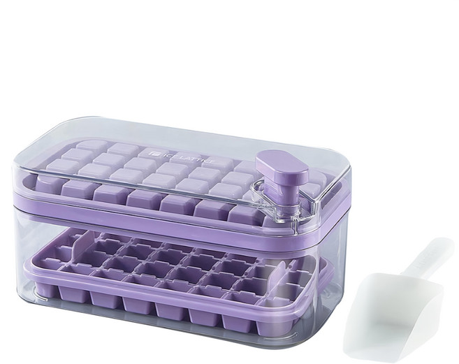 64格一鍵按壓式製冰組 雙層製冰盒 帶儲冰盒, 葡萄紫, 1個