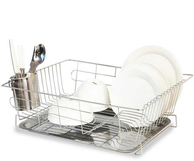 ESPACE 方形餐具瀝水架 不鏽鋼托盤+不鏽鋼匙筷桶, 1層, 不鏽鋼 銀色, 1組