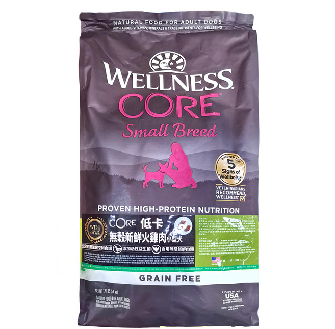 WELLNESS 寵物健康 小型犬 CORE 低卡無穀乾飼料, 新鮮火雞肉, 5.4kg, 1袋