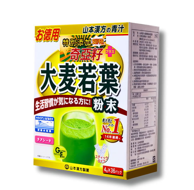 YAMAKAN 山本漢方 日本大麥若葉粉末 + 奇亞籽 4g 36包, 144g, 1盒