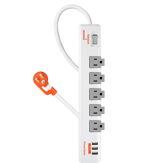 PowerSync 群加 1開5插3埠USB防雷抗搖擺旋轉延長線 5孔 TR539018 1.8m 白色, 1個