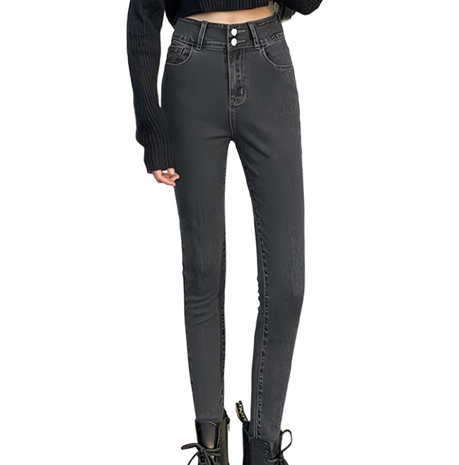 多碼線雙釦高腰彈力鬚邊緊身牛仔褲