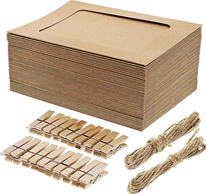 AHOYE 簡約牛皮紙卡相框 附木夾 + 可吊掛麻繩 20張 DIY照片牆裝飾, 1組, 棕色