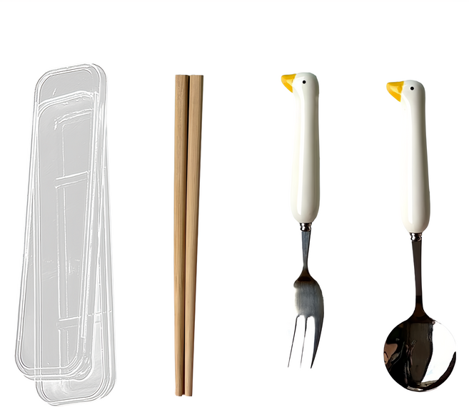 瑞典廚房 可愛動物餐具組/不鏽鋼環保餐具/便攜餐具, 1套, 黃鴨鴨, 湯匙 + 筷子 + 叉子 + 收納盒