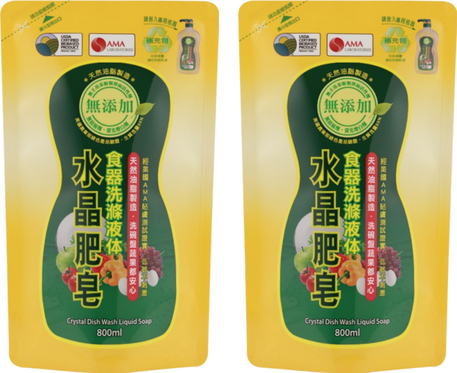 南僑水晶 水晶肥皂食器洗滌液体 補充包, 800ml, 2包