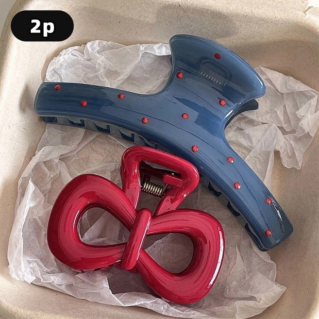 프렌치 블루도트 레드 리본 올림머리 집게핀 2개 1세트