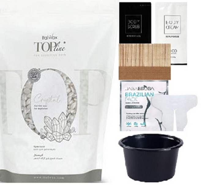 [당일발송] 파인뷰티 이탈왁스 하드 탑 크리스탈 700g+스파츌라L+바디스크럽5g+바디크림5g+브라질리언시트팩1매+일회용 용기1개 셀프왁싱 왁싱재료, 1개