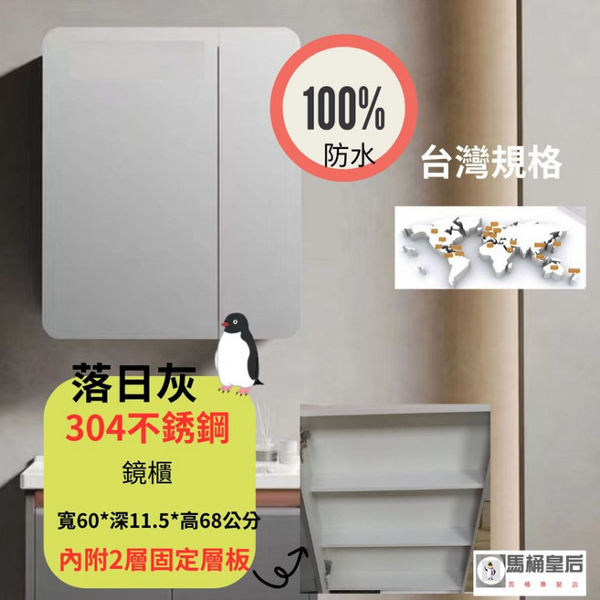 304 不銹鋼鏡櫃 寬60*深11.5*高68公分 落日灰 雙門鏡櫃 台灣規格 100% 防水