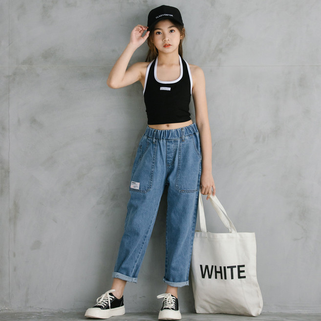 삐삐네옷가게 여아용 백스트릿 나시 크롭 데님 상하의 세트