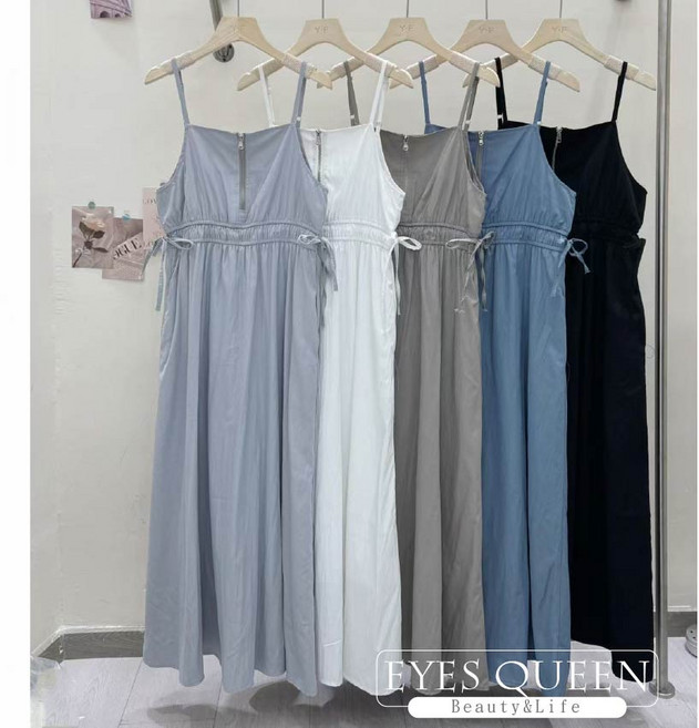 細肩帶洋裝 側綁帶 半拉鏈設計 顏色: 淺灰/白/淺卡/藍/黑 款號: 28028#, 黑色