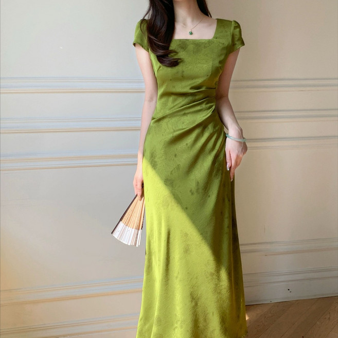 여성 새틴 원피스 캐주얼 봄 여름 하이웨이스트 원피스 기질 스퀘어넥 샤틴 원피스 ZZL