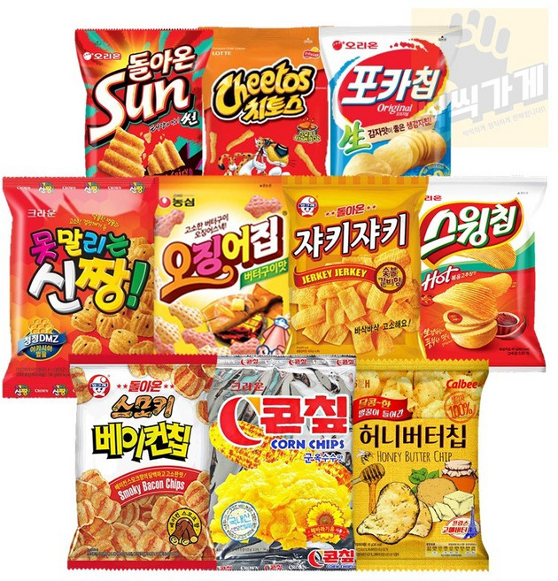 브랜드 10종 봉지과자/허니버터 콘칩 베이컨칩 치토스 썬 스윙칩 포카칩 못말리는신짱 오징어집 쟈키쟈키, 1세트