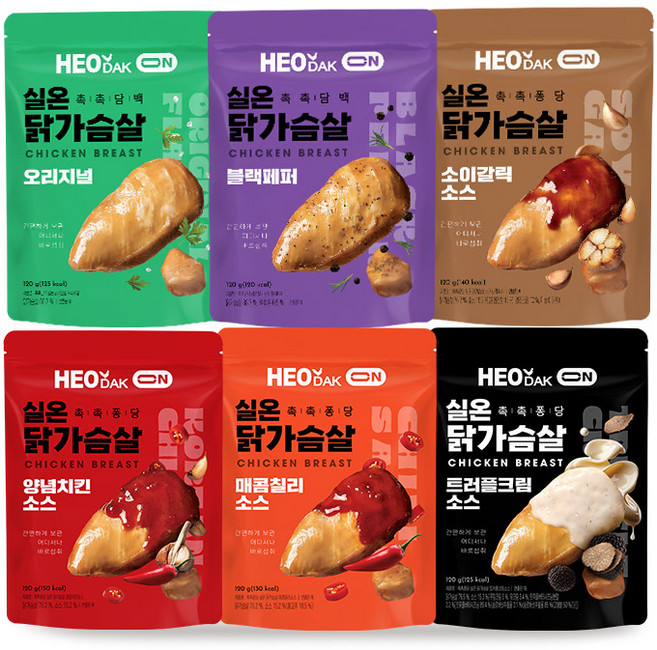 허닭ON 바로먹는 촉촉퐁당 실온 닭가슴살 6종 혼합, 30개, 120g