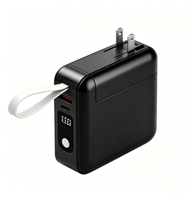 移動電源 自帶線口袋快充充電寶 Type-C多功能無線充電可上飛機, 黑色【自帶雙線+折疊插頭+無線快充】,20000mAh, F16