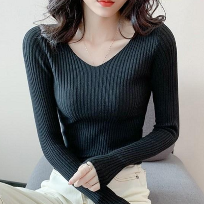 [앤젤디] 브이넥 슬림 골지니트