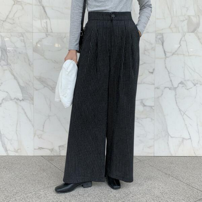 여성 더블 핀턱 스트라이프 뒷밴드 와이드 바지