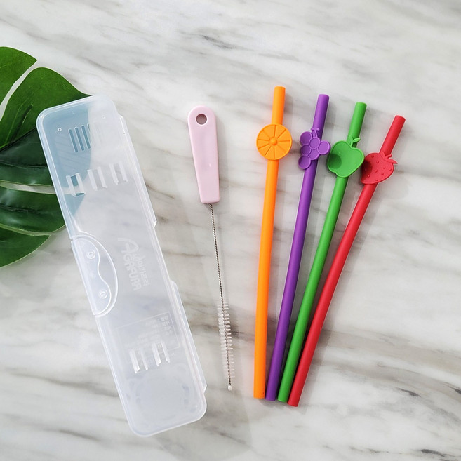 아가프라 실리콘빨대 5p+빨대솔+케이스 재사용 열탕소독, 과일 실리콘빨대 4P+세척솔+케이스, 1개