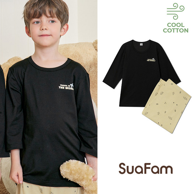 수아팜 남아용 모던블랙 쿨 코튼 7부 내의 상하의 세트 (10대 아동 잠옷 주니어 초등 학생 내복 실내복)