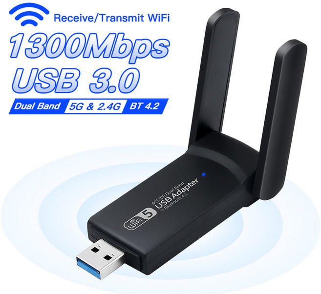1300Mbps USB 3.0 와이파이 어댑터 블루투스 4.2 동글 듀얼 밴드 2.4G 5Ghz 와이파이 5 네트워크 무선 WLAN 수신기 PC 및 노트북 Win10, 1300m bt4.2, 1300M BT4.2