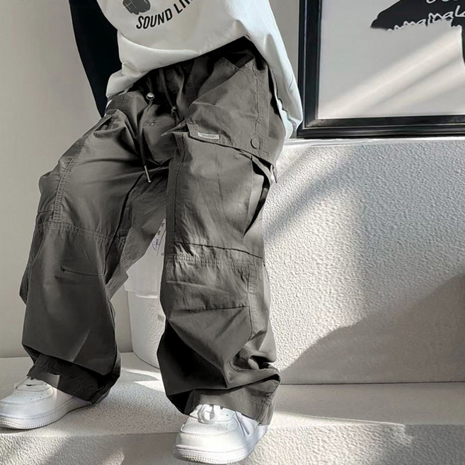 UPPERCUT 아동 바스락 허리 스트링 카고 와이드 벌룬핏 팬츠 남녀공용