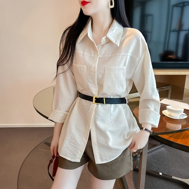 Makone 여성 패션 셔츠 트랜드 엘레강스 오피스 허리조임 데일리 카라넥 블라우스 (벨트포함)