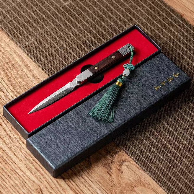 大馬士革鋼茶刀禮盒組，適用於普洱茶餅, 1個, 黑檀木