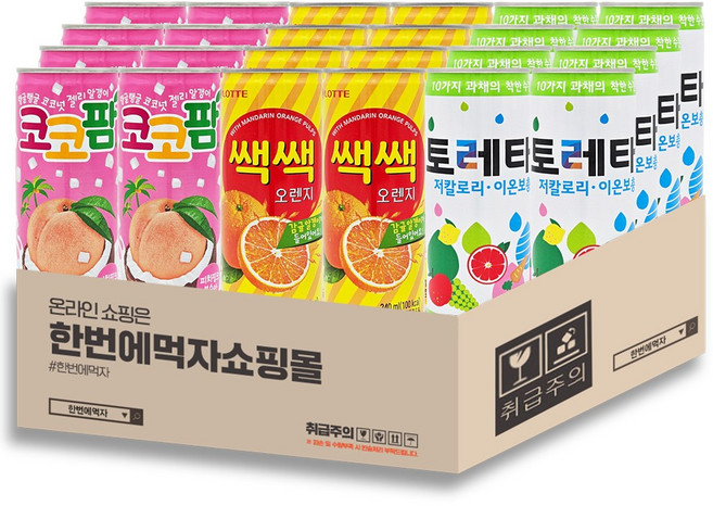 [한번에먹자] 240ml~250ml 이온음료 과즙음료 3종 캔음료수세트 ( 쌕쌕 오렌지 + 10가지 과채의 착한수분 토레타 + 탱글탱글 코코팜 피치핑크 복숭아 ) 음료수골라담기, 24개, 240ml