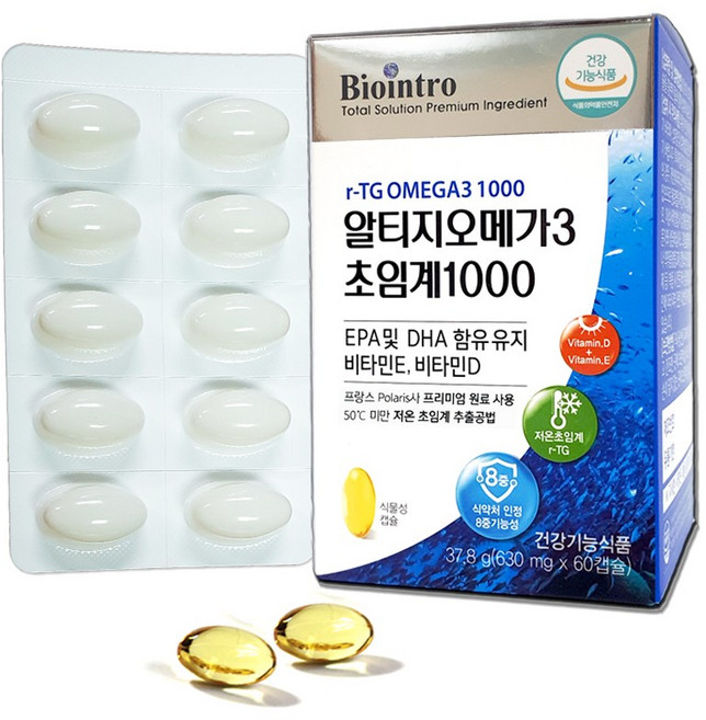 알티지오메가3 초임계 1000 비타민E 비타민D 함유 1000mg EPA+DHA 비린내 없는 저온초임계 RTG 오메가쓰리 알작은 식물성 캡슐, 60정, 1개